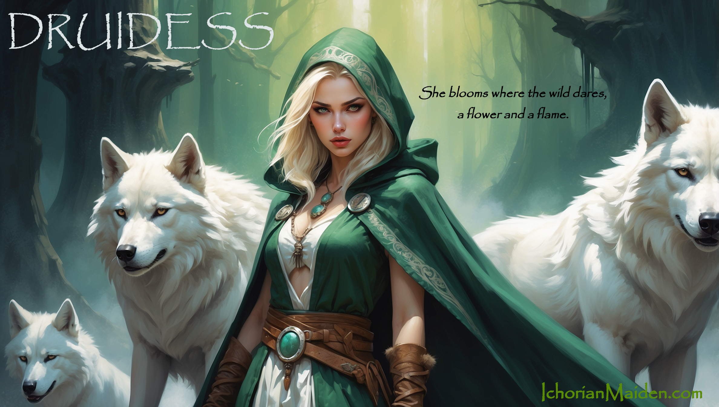 Blonde druidess in forest with her wolves.